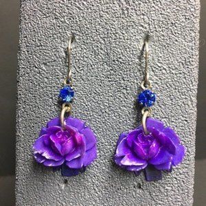 Purple Flower Dangle Earrings Pierced Blue Sparkle Rhinestone Silver Hook Retro
